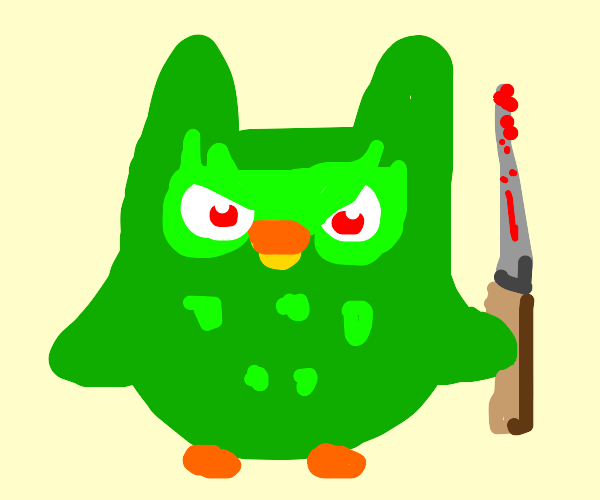 Duolingo mascot drawn with a knife in his hand