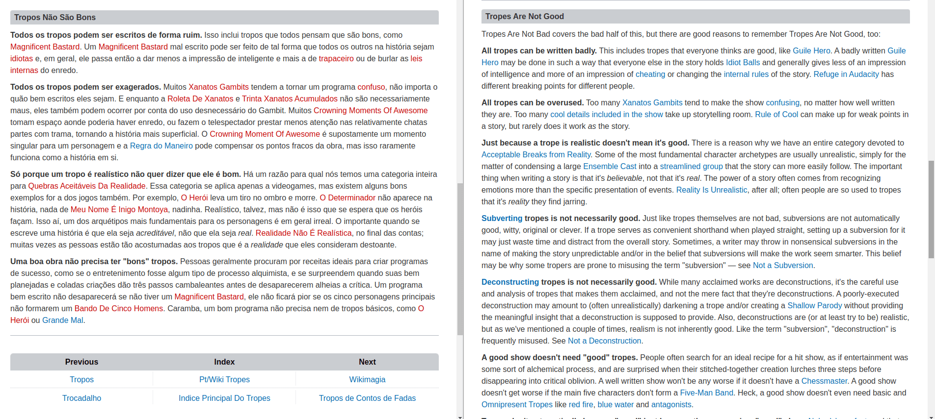 Comparison between the Portuguese and English versions of the TV Tropes website